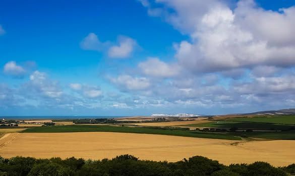 Bright blue sky with puffy white clouds over a golden field, rolling green hills, and the sea in the distance.
