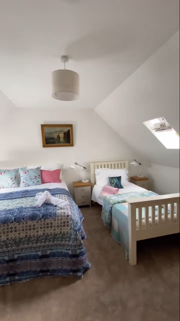 Bedroom with two beds, one double, one single, in a light-filled room with skylight and artwork.