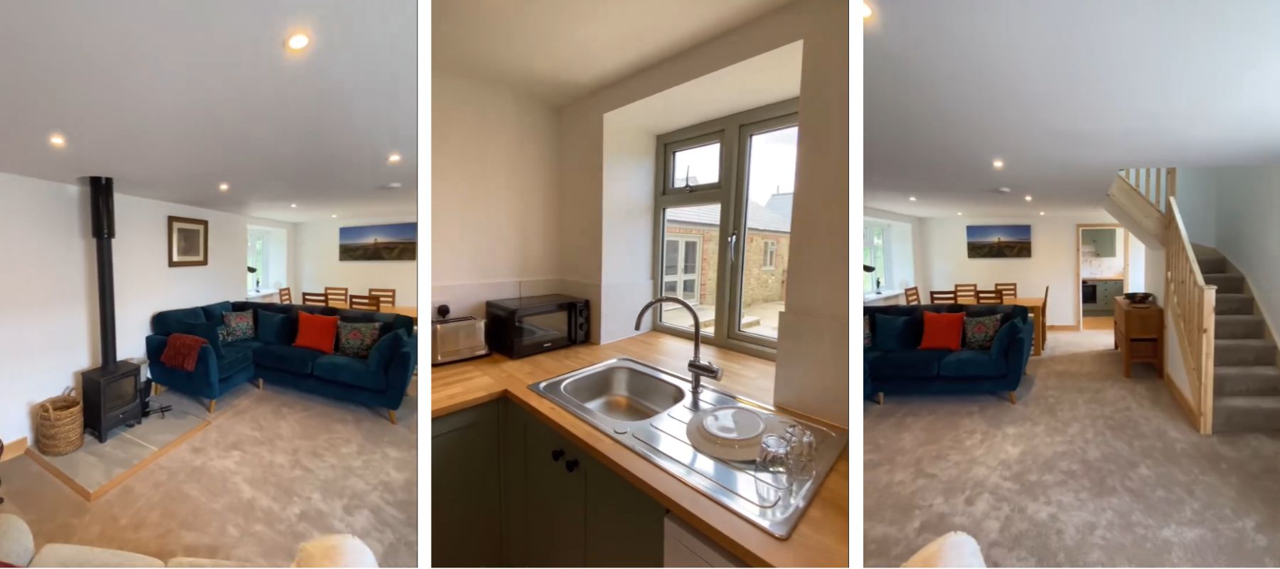 A three-panel interior view of a home with a kitchen, living area with fireplace, and staircase.