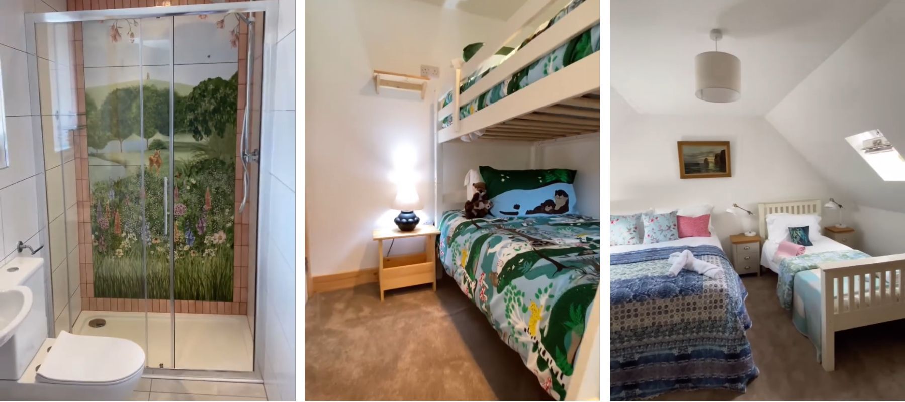 Three room interiors: shower with landscape scene, bunk bed room, and twin beds room.