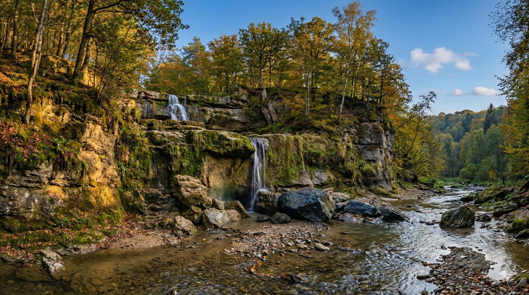 A gentle waterfall cascades over a rocky cliff face into a forest stream during autumn.