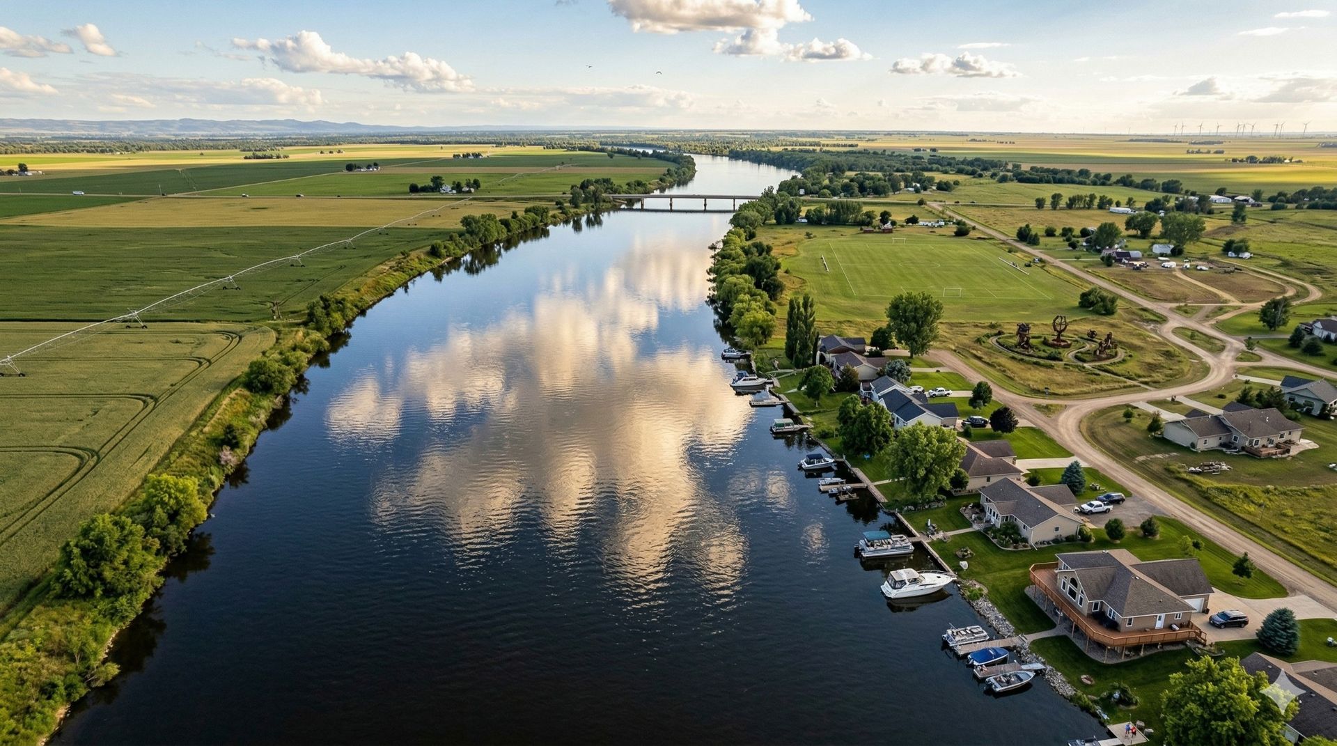 Aerial view of a winding river reflecting clouds, flanked by farmland on one side and waterfront homes on the other.