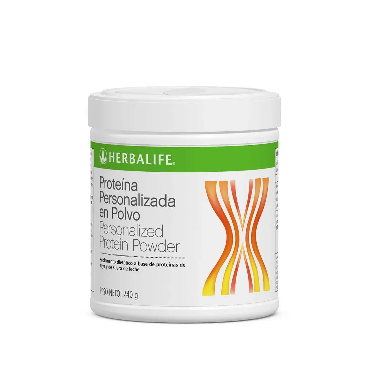 Un bote de plástico blanco de proteína en polvo personalizada de Herbalife