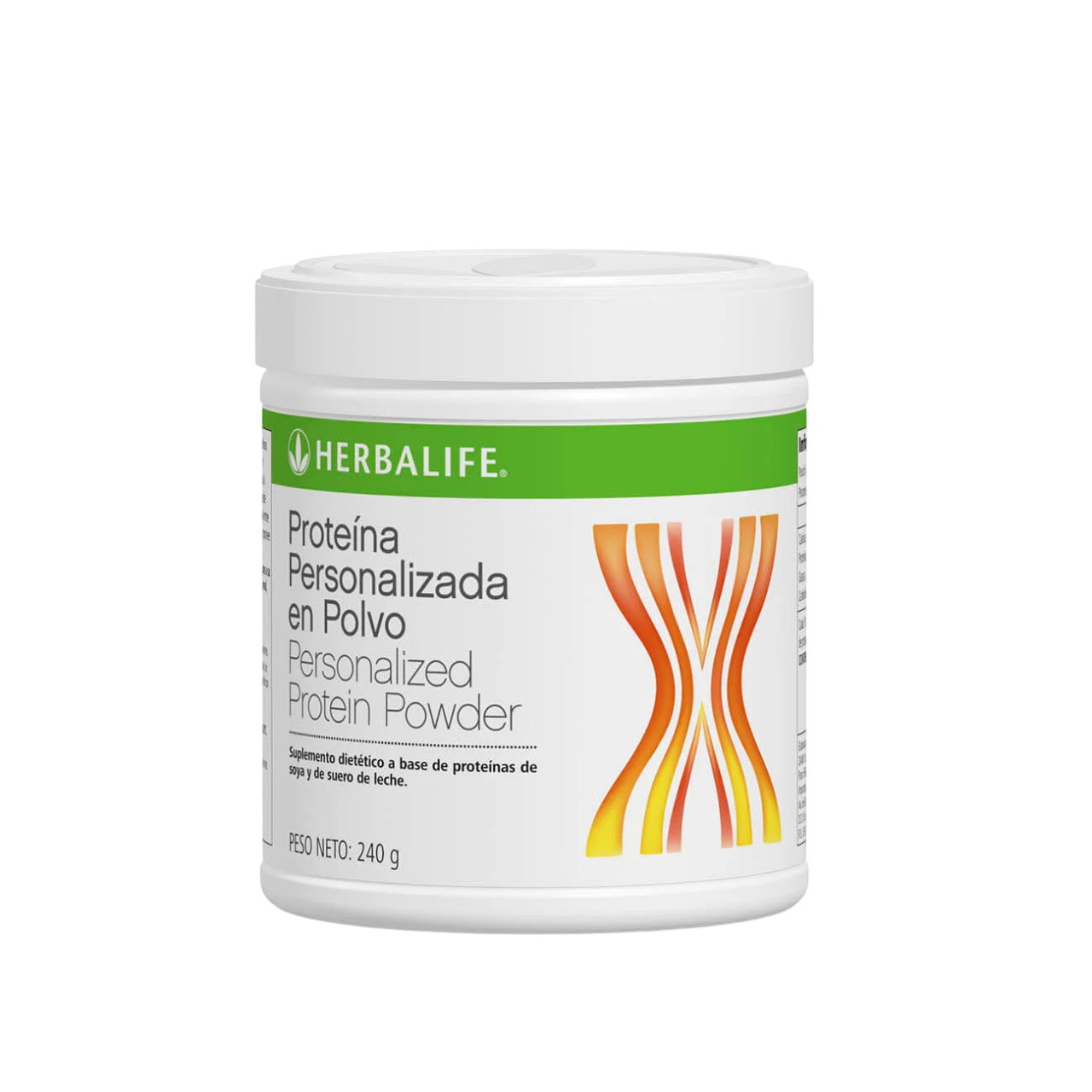 Un recipiente blanco de proteína en polvo personalizada de Herbalife con una banda verde y un logotipo