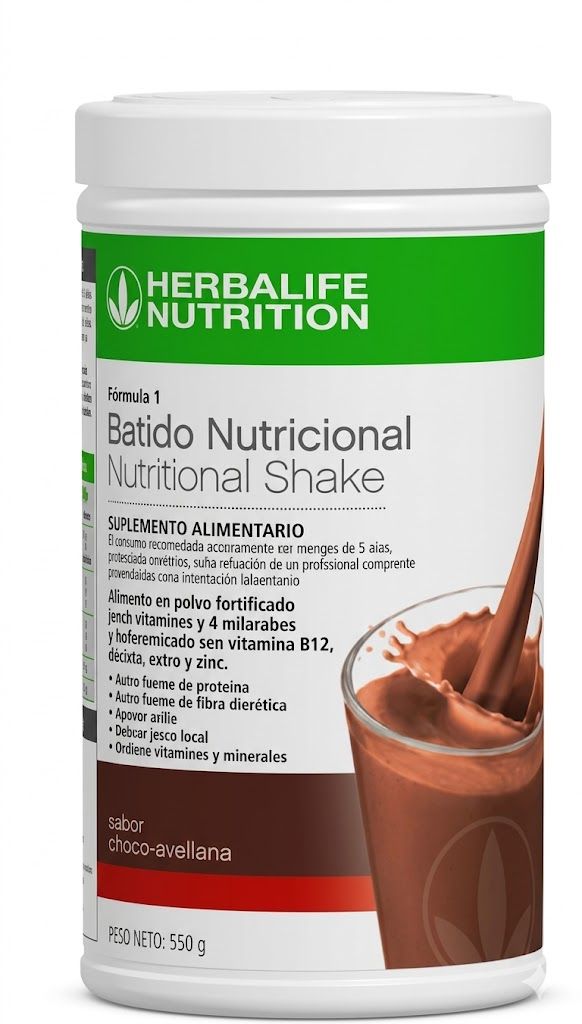 Un envase blanco de mezcla para batido nutricional de chocolate de Herbalife Nutrition con un dibujo de una salpicadura de bebida de chocolate en un lateral.