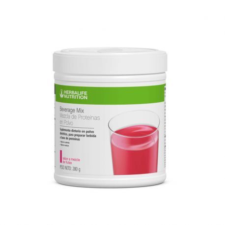 Un envase de mezcla de bebida Herbalife Nutrition con la imagen de un vaso de bebida proteica rosa.