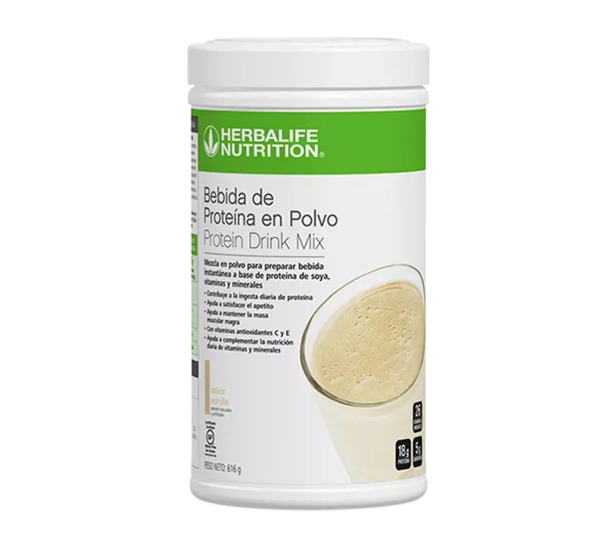 Un bote blanco de mezcla de bebida proteica Herbalife Nutrition con una banda verde que presenta la ilustración de un batido.
