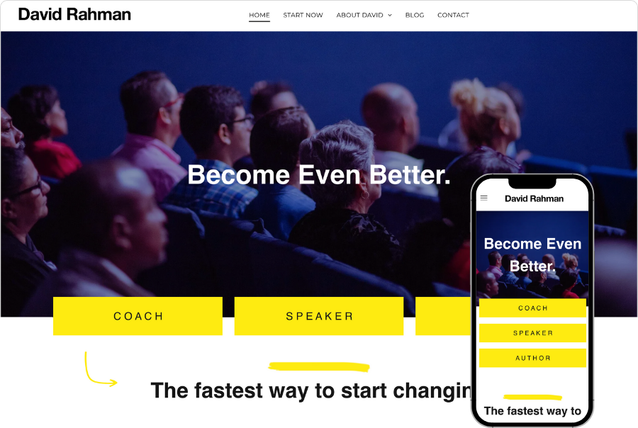 A website for david rahman shows a group of people sitting in a theater.