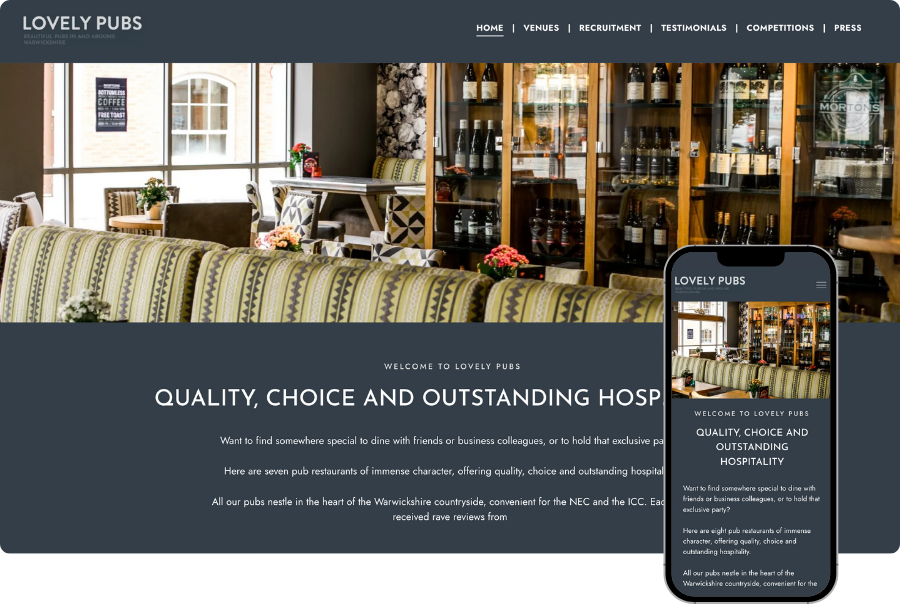 A lovely pub website is displayed on a cell phone.