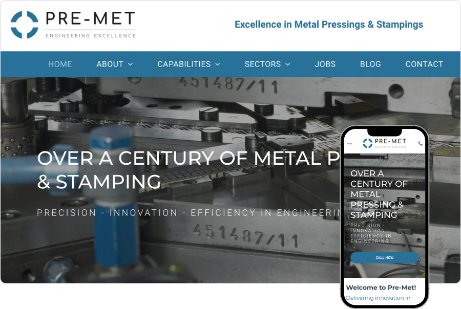 A screenshot of the website for pre-met over a century of metal pressing and stamping.