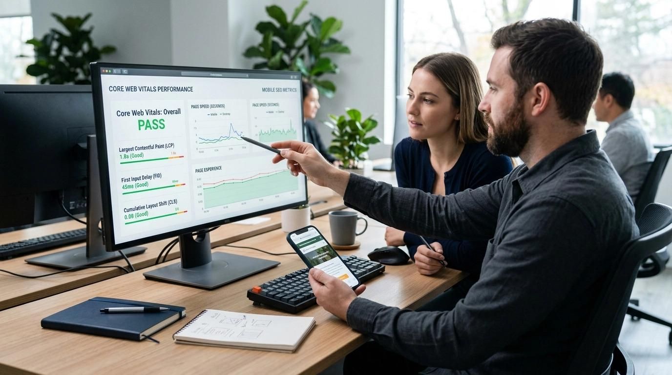 Two coworkers reviewing charts on a desktop monitor in a modern office meeting area