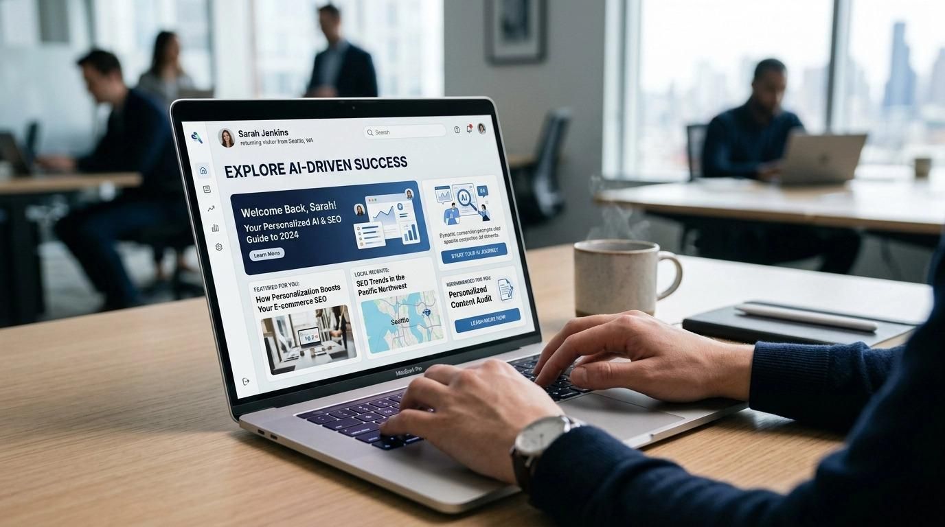 Hands typing on laptop in an office, with a website open on the screen and coworkers blurred in the background