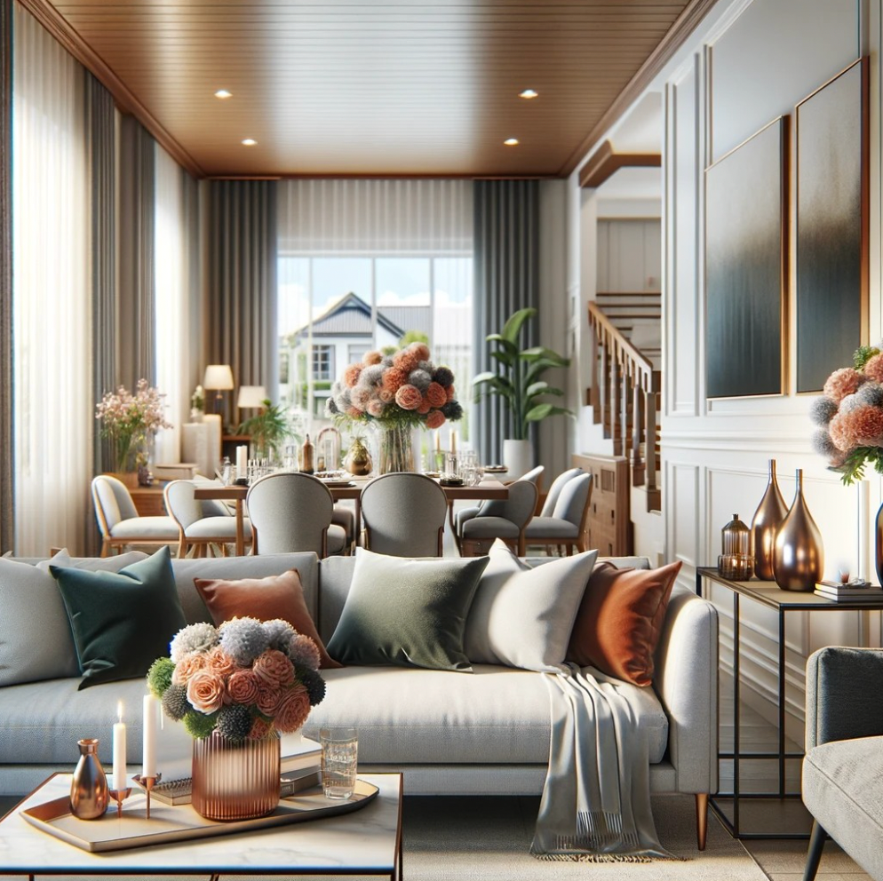 A living room with a couch and a table with flowers on it