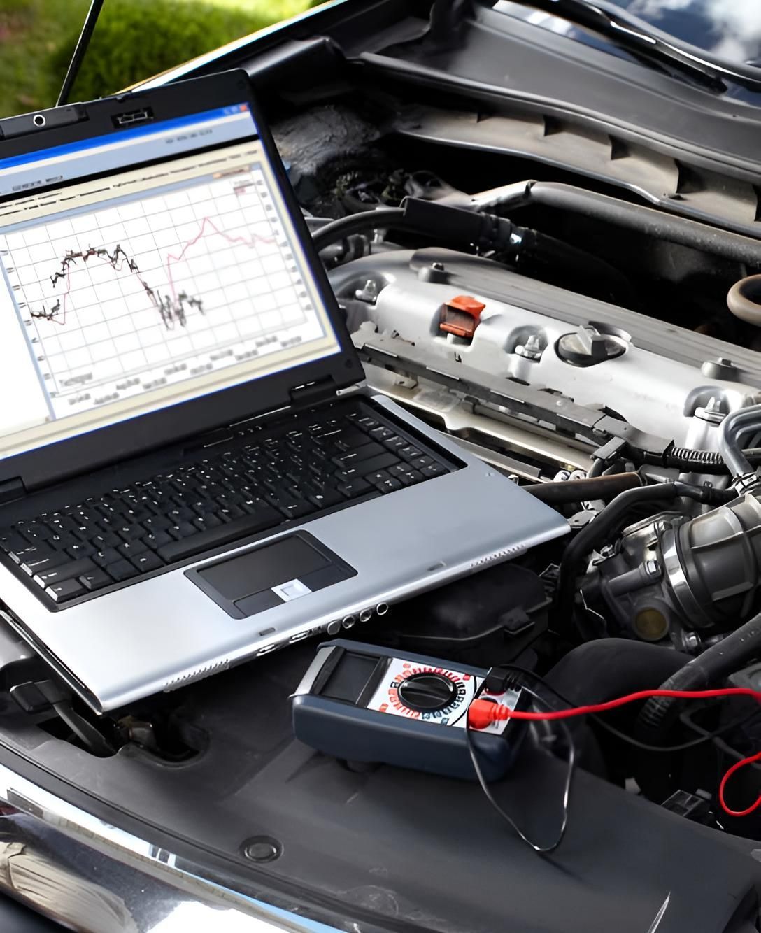 A Laptop Is Sitting Under The Hood Of A Car — Stanger Automatics In Ballina, NSW