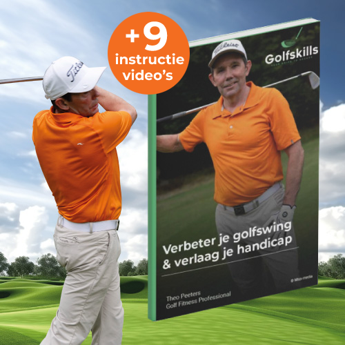 Golfprofessional Theo Peeters naast het e-book ‘Verbeter je swing en verlaag je handicap’ met video-instructies voor golfers