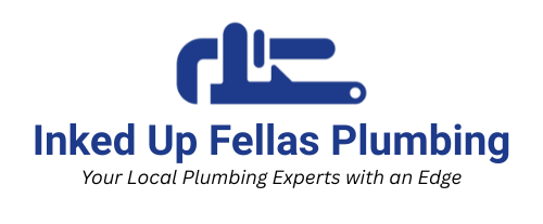 Logo for Inked Up Fellas Plumbing, blue pipe wrench graphic, white background, dark blue text.