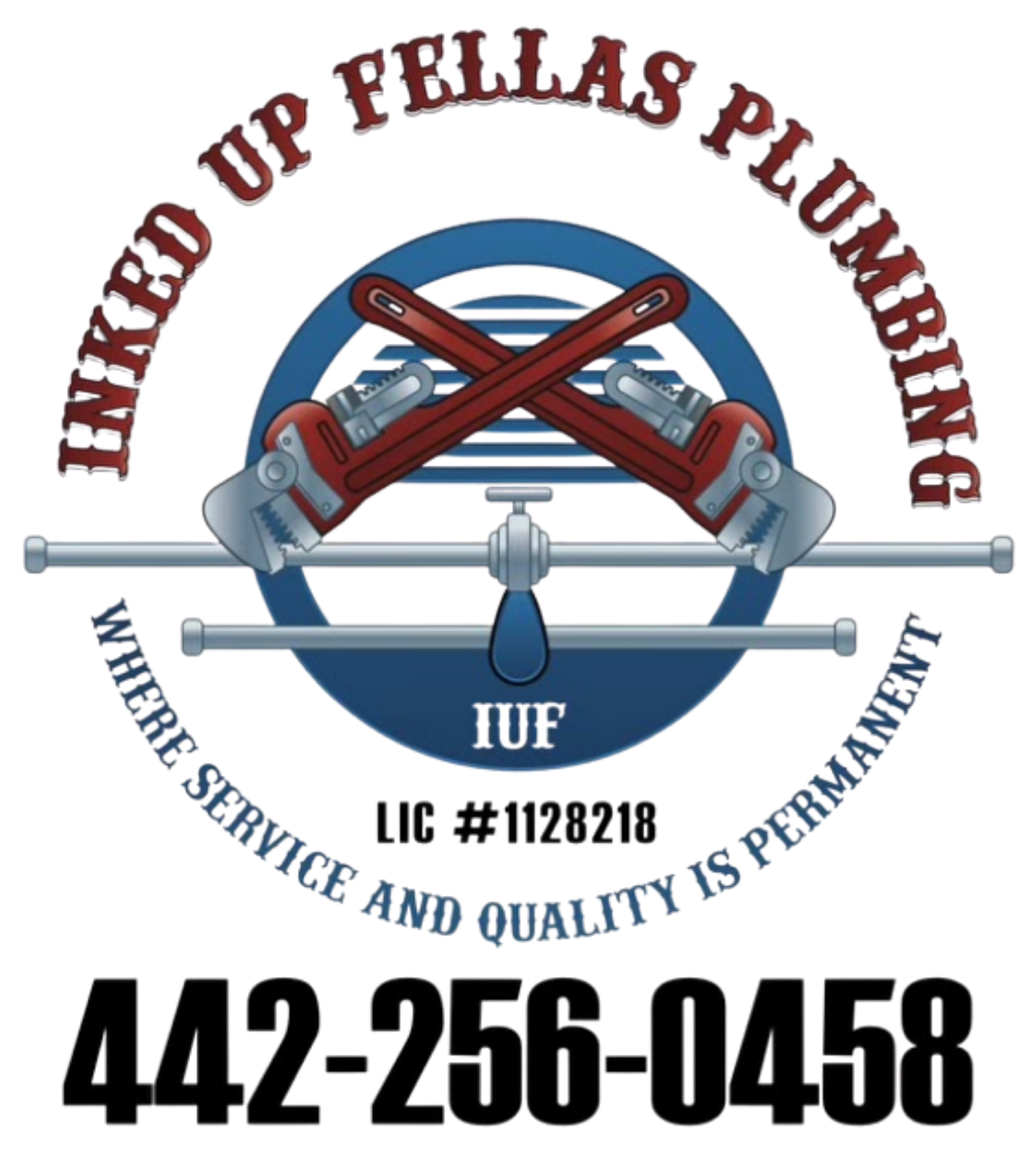 Logo for Inked Up Fellas Plumbing, blue pipe wrench graphic, white background, dark blue text.