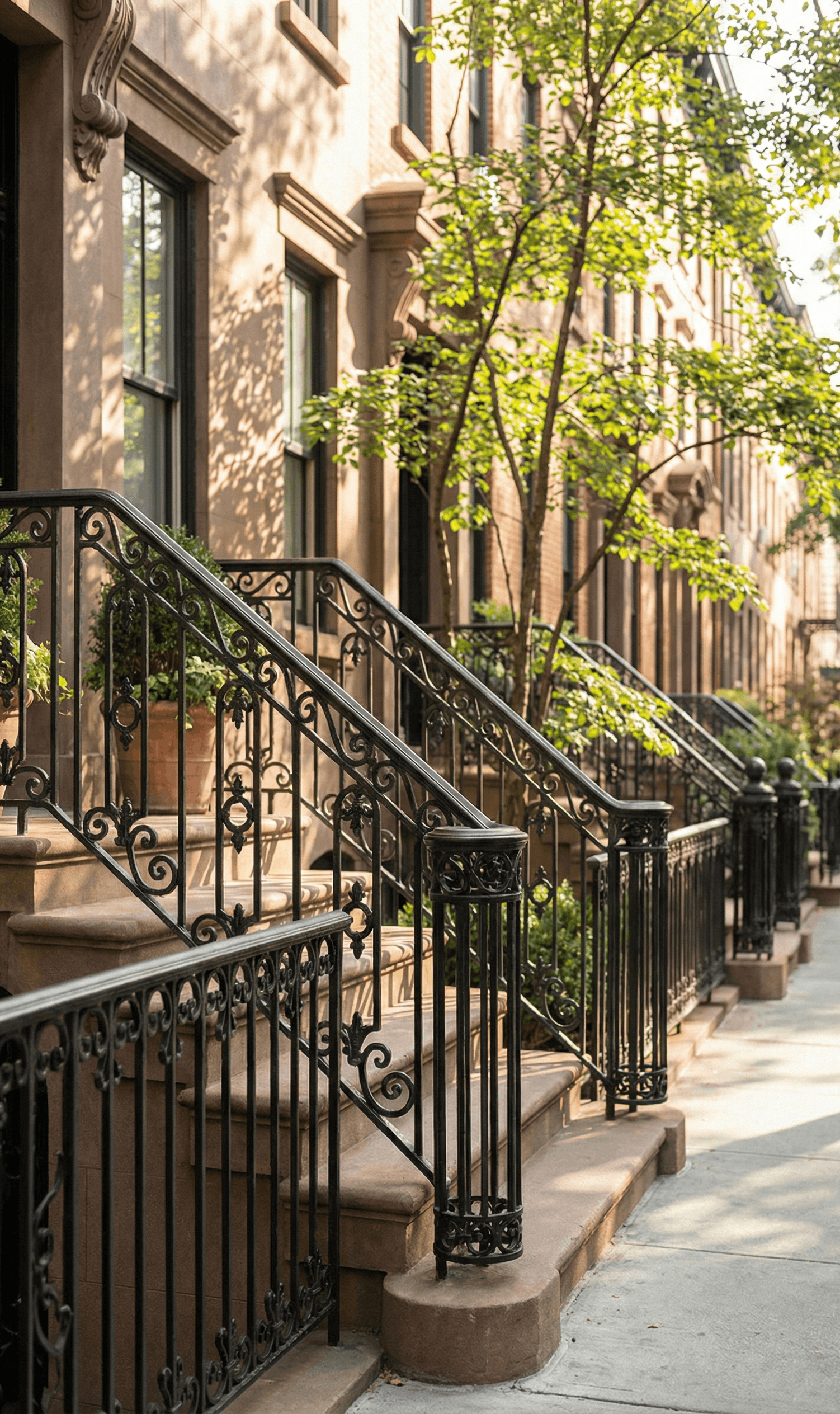 Brownstone building facades with black wrought-iron railings and steps, trees, and a sunny sidewalk.