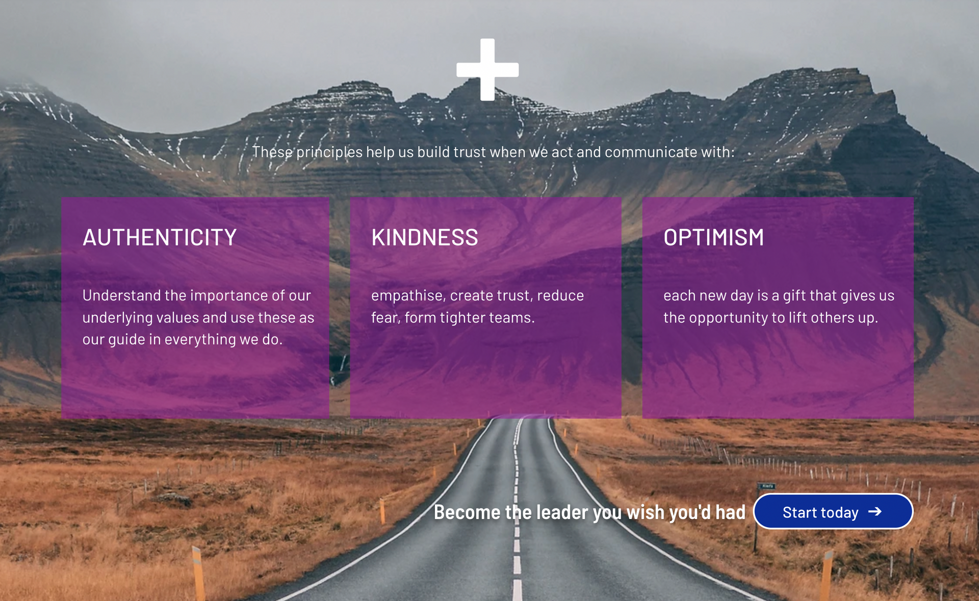 Road leading to mountains with authenticity, kindness and optimism written in boxes