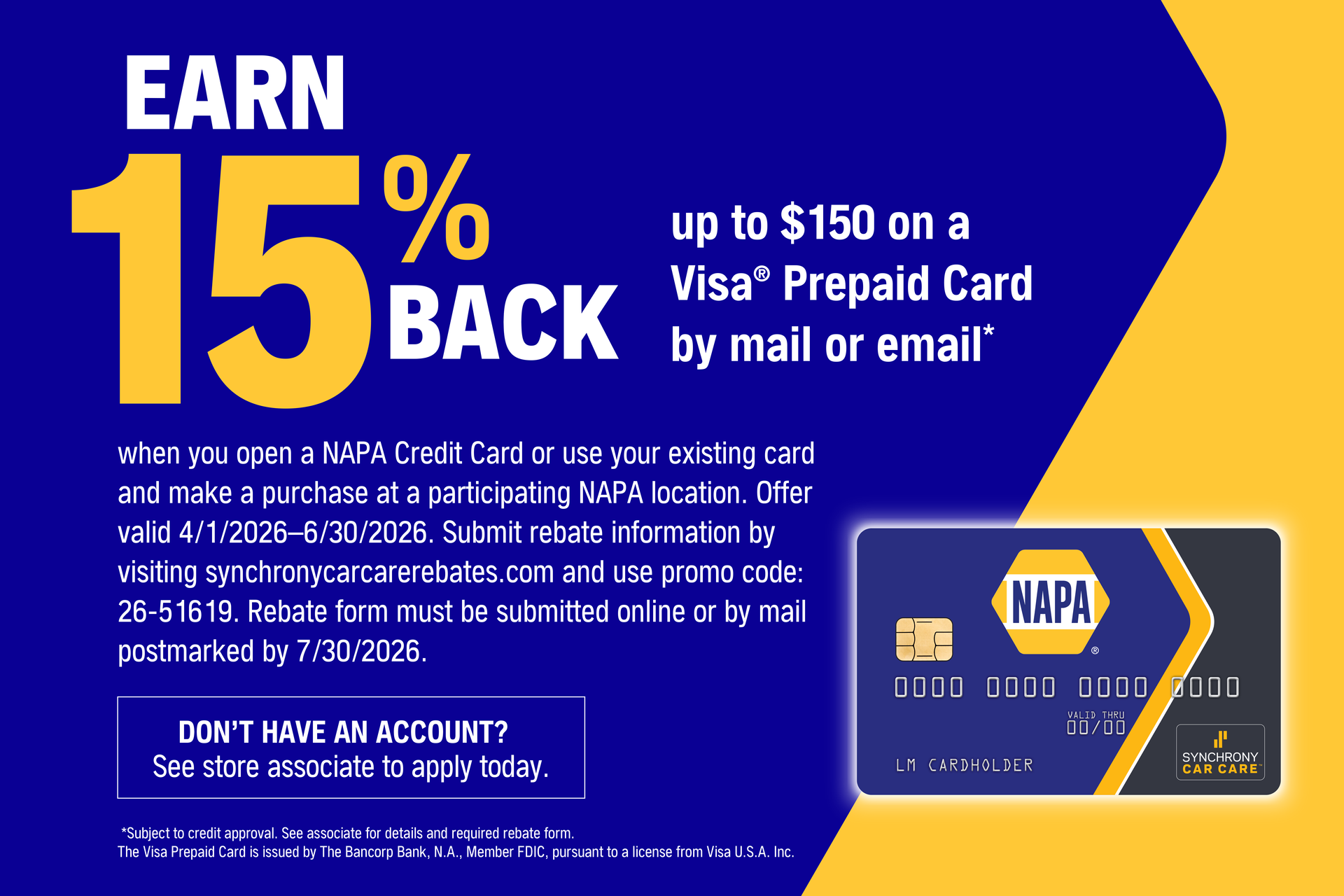 Blue NAPA auto parts ad offering 15% back on Visa prepaid card, with card image and online/mail-in details
