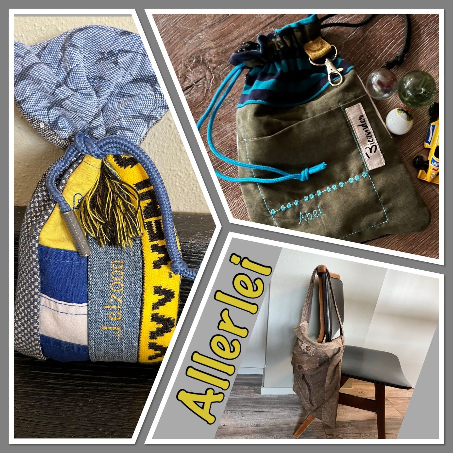 Een collage met stoffen tasjes en een draagtas met het woord "Allerlei" in gele letters.