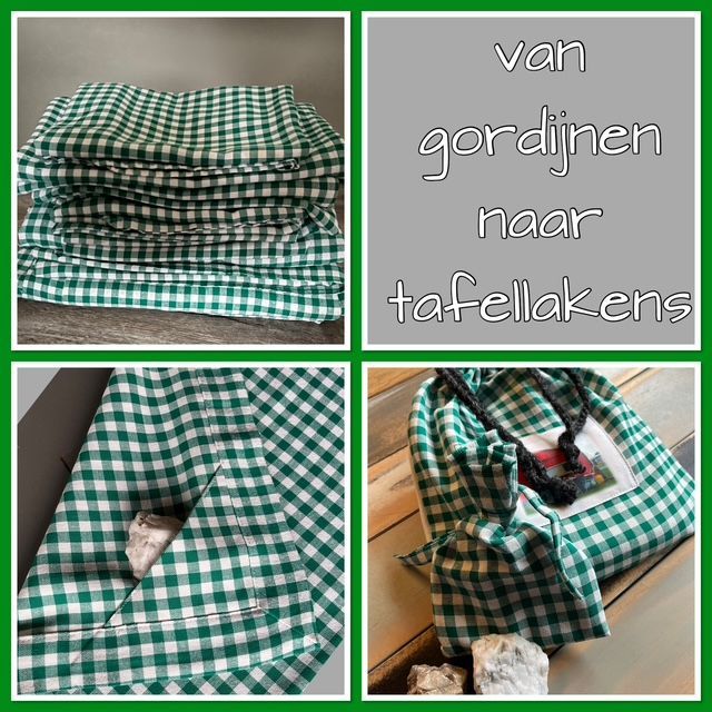 Groen-wit geblokte stof, oorspronkelijk bedoeld als gordijnen, is nu omgetoverd tot tafelkleden en een draagtas.