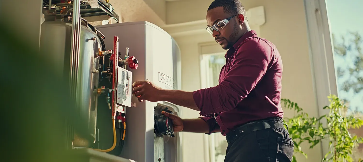 A person wearing glasses works on a water heater. They wear a maroon shirt and are outdoors.