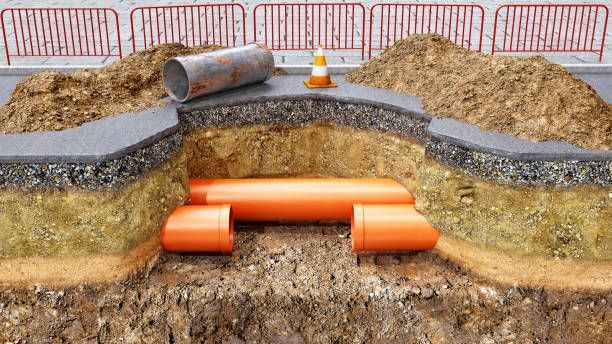 Cross-section of road construction showing asphalt layers, orange pipes, soil, and a metal pipe on the surface.