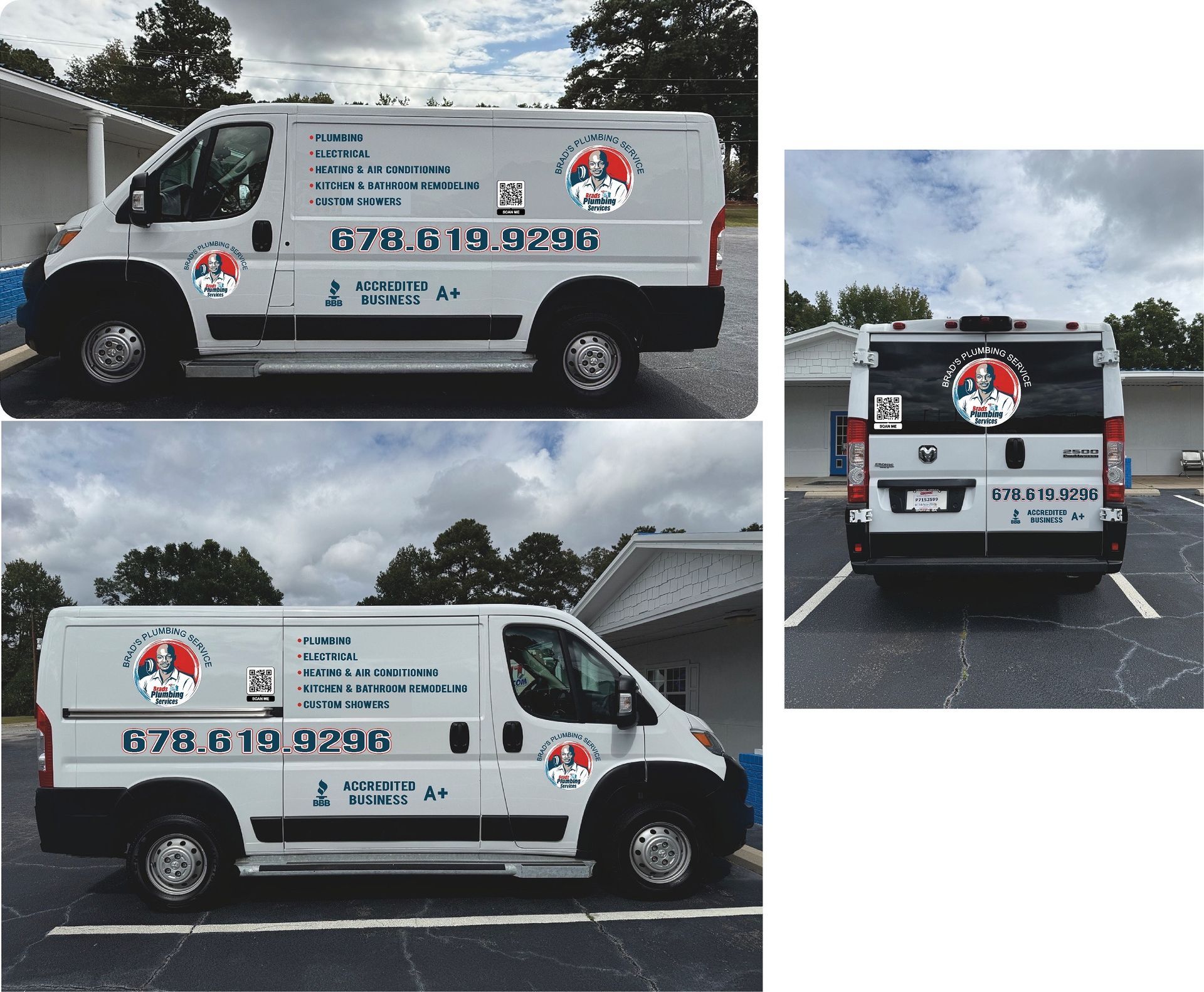 White van with company logo parked outside. Contact info on the van.