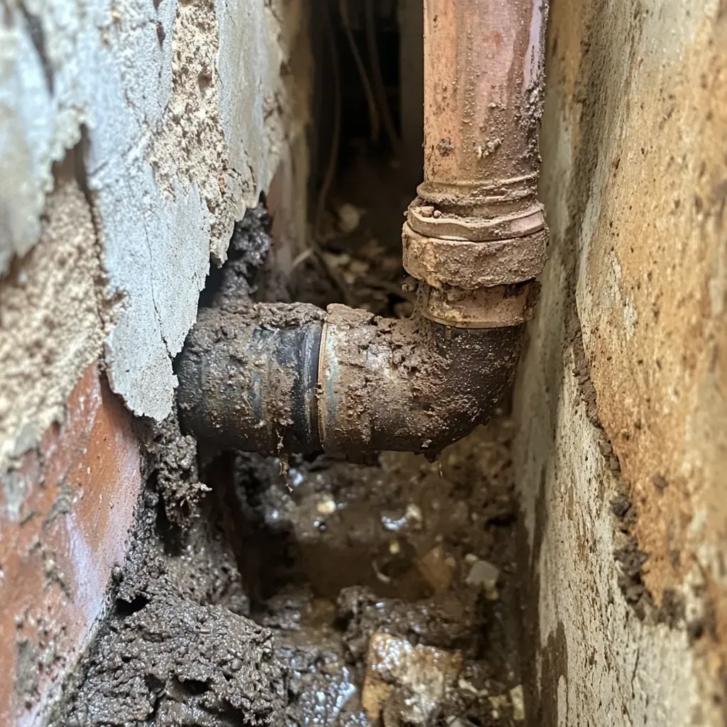 A corroded pipe elbow in a narrow, muddy trench between brick and concrete walls.