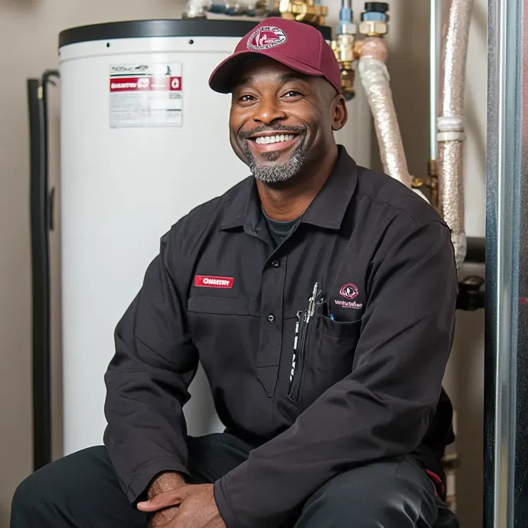 Man in work uniform smiling, sitting near a water heater. He is wearing a maroon hat.