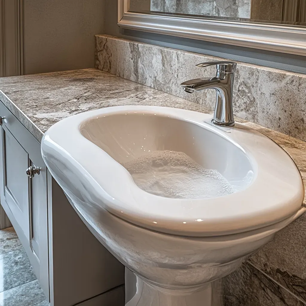 White bidet with water spraying, countertop and faucet visible. Grey cabinets and wall, silver mirror frame.