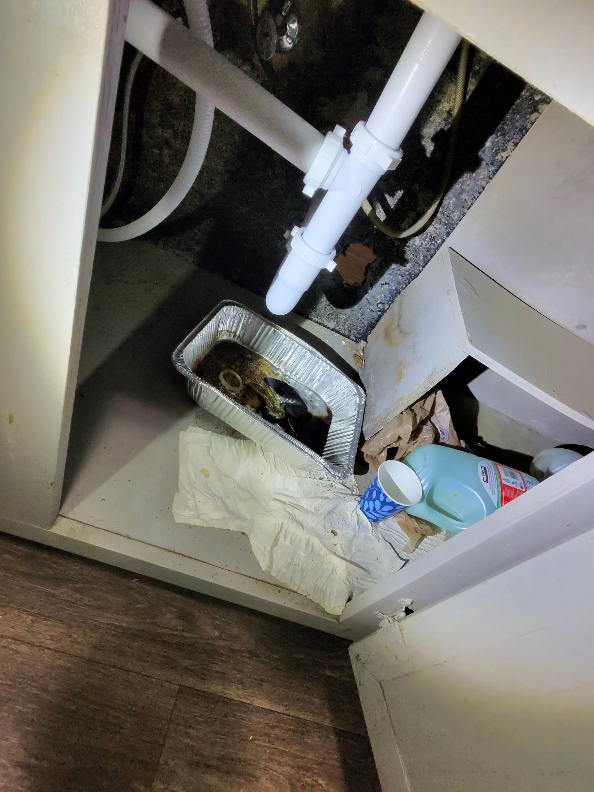 Under-sink cabinet with plumbing, a metal pan with dark matter, and cleaning supplies.