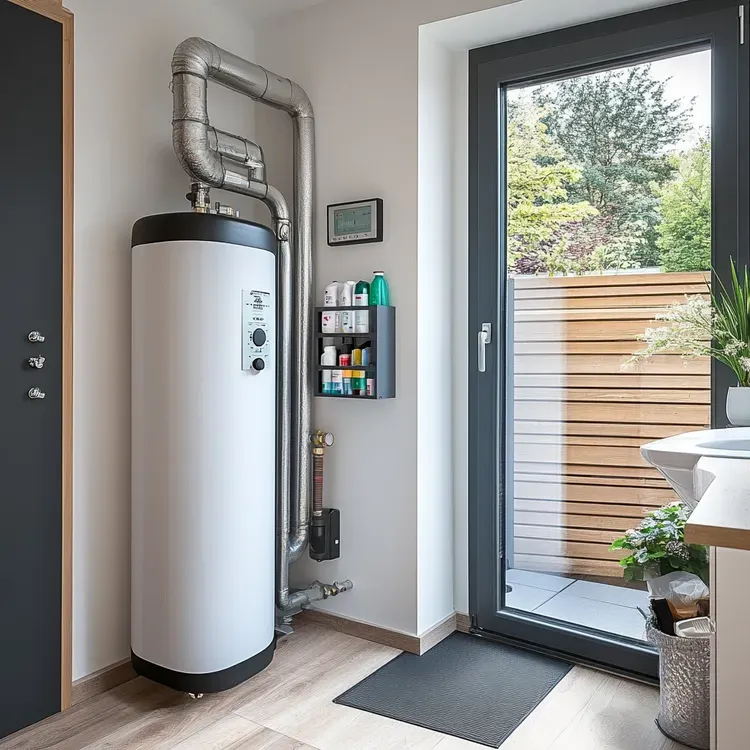 White water heater with pipes in utility room next to door to outdoor patio.