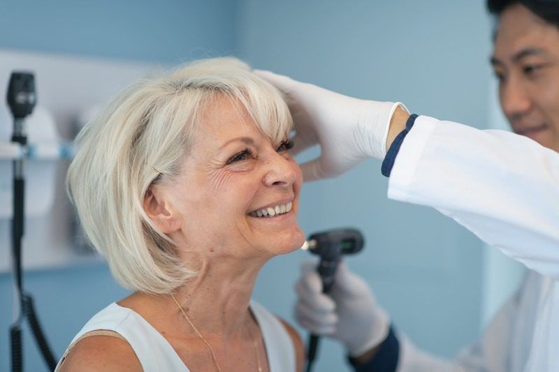A doctor is examining an older woman 's ear with an otoscope.