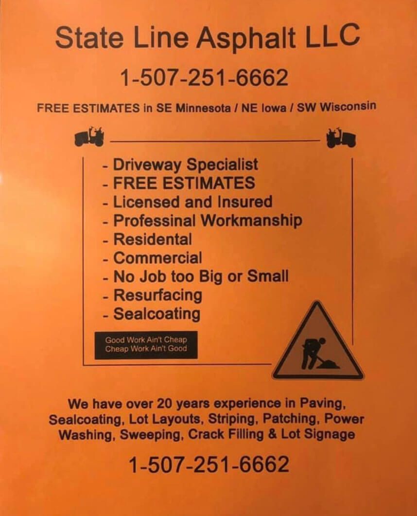 Orange flyer for State Line Asphalt LLC, listing services and phone number 507-251-6662.