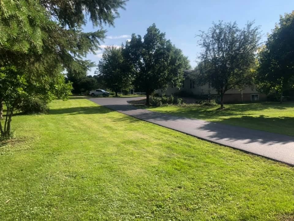 A paved driveway leads toward a house partially obscured by trees on a sunny day with a wide green lawn in the foreground.