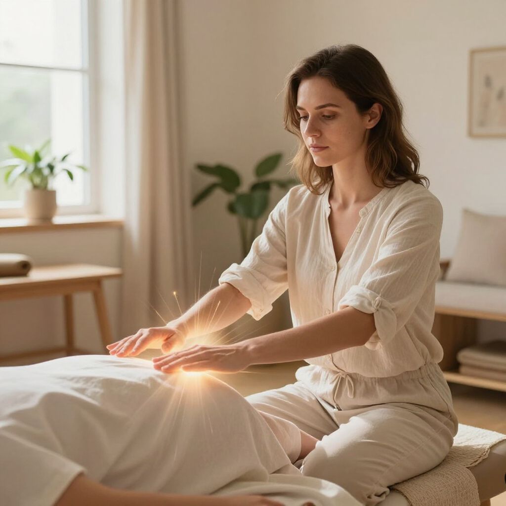 Een vrouw geeft energetische heling, haar handen gloeien op de rug van een cliënt, in een lichtrijke ruimte.