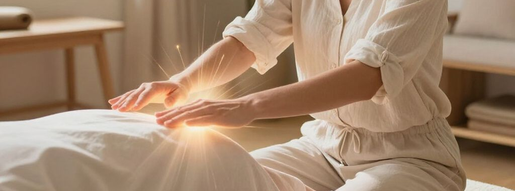 De handen van een persoon stralen licht uit en zweven boven het lichaam van een andere persoon.