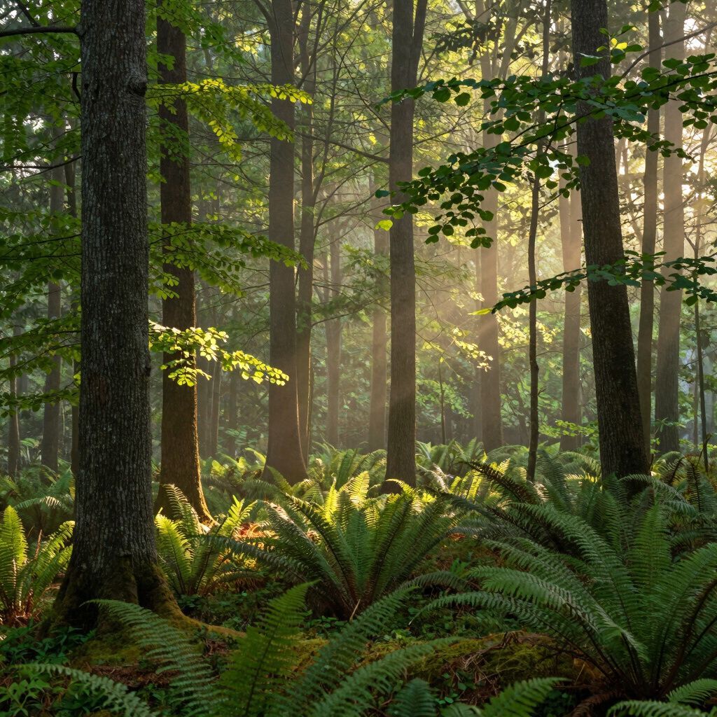 Zonlicht stroomt door een bos en verlicht hoge bomen en varens.