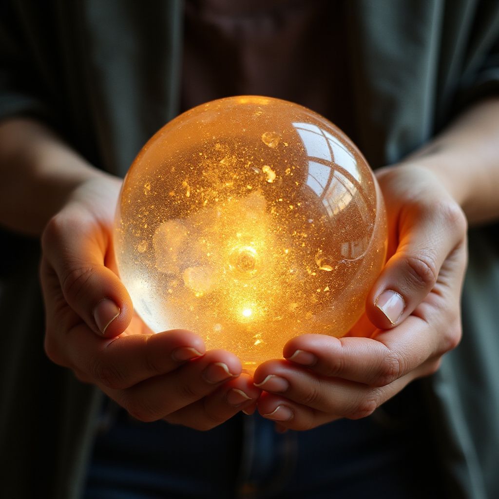 Handen omvatten een gloeiende, gouden bol met spikkels.