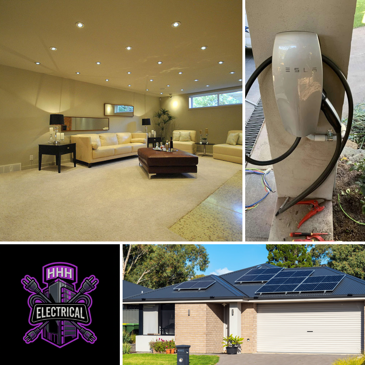 Collage: Interior room, electrical charger, company logo, house with solar panels.