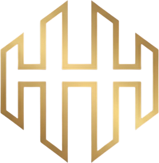 Gold and black geometric logo featuring the letters 