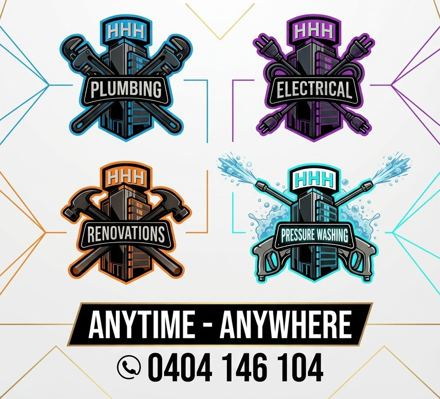 Logos for plumbing, electrical, renovations, and pressure washing services, with contact information.