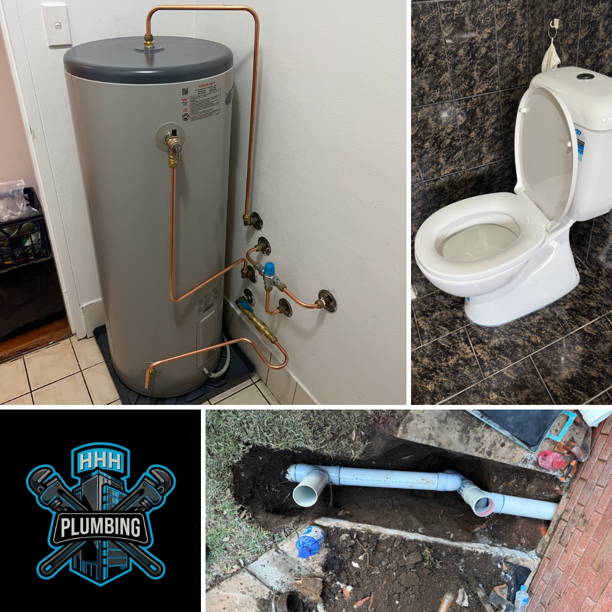 Plumbing services collage: water heater, toilet, sewer pipes, and logo.