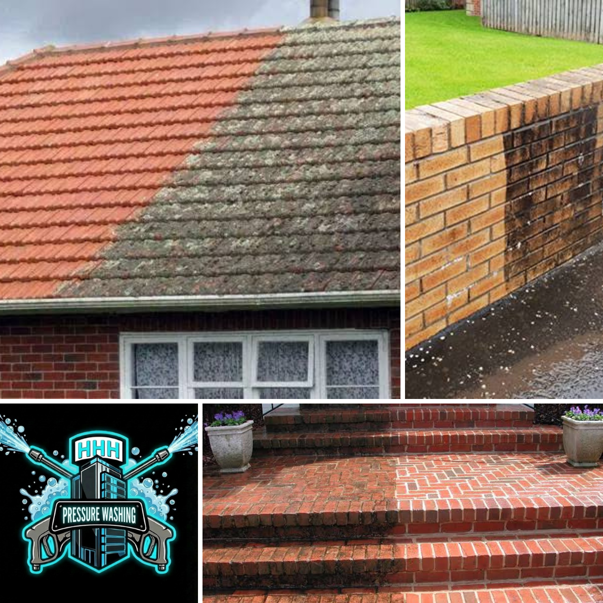 Before-and-after power washing examples: roof, brick wall, and steps, revealing cleaned surfaces.
