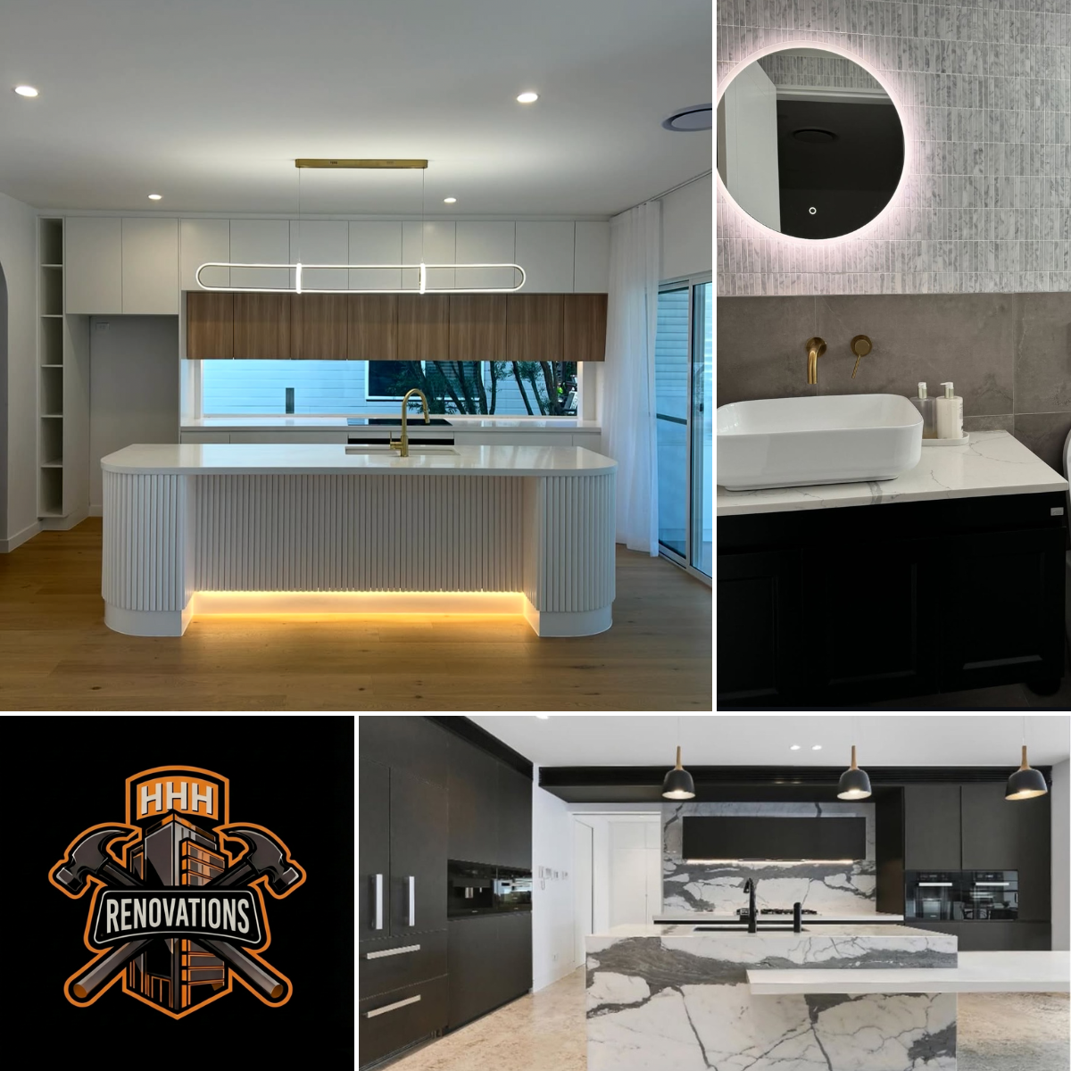 Kitchen and bathroom renovation examples with company logo.