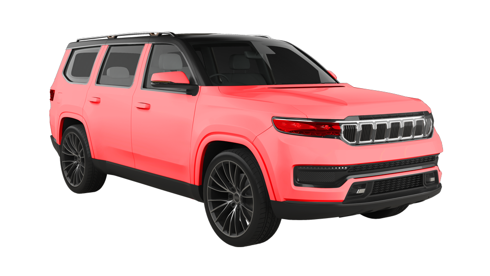 Bright coral SUV with black wheels and tinted windows, shown on a white background