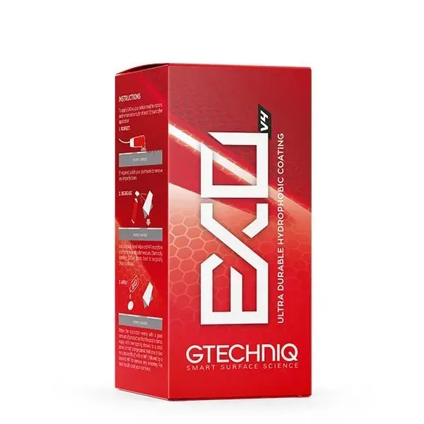 Red GTECHNIQ car-care product box with bold white logo on a hex-pattern background