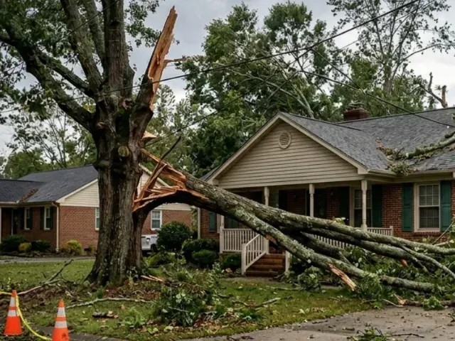 A large tree limb has broken off and fallen onto the front roof and porch of a brick house after a storm.
